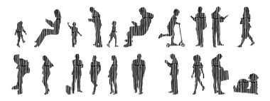 Vektör siluetleri, insanların ana hatları, Contour çizimleri, insanların siluetleri, ikon kümesi izole edilmiş, oturan insanların silueti, mimari set