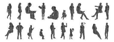 Vektör siluetleri, insanların ana hatları, Contour çizimleri, insanların siluetleri, ikon kümesi izole edilmiş, oturan insanların silueti, mimari set