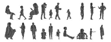 Vektör siluetleri, insanların ana hatları, Contour çizimleri, insanların siluetleri, ikon kümesi izole edilmiş, oturan insanların silueti, mimari set