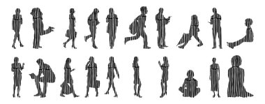 Vektör siluetleri, insanların ana hatları, Contour çizimleri, insanların siluetleri, ikon kümesi izole edilmiş, oturan insanların silueti, mimari set