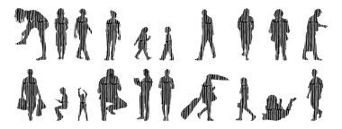 Vektör siluetleri, insanların ana hatları, Contour çizimleri, insanların siluetleri, ikon kümesi izole edilmiş, oturan insanların silueti, mimari set