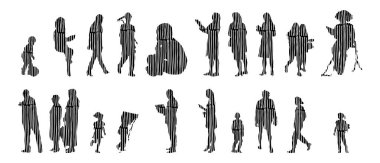 Vektör siluetleri, insanların ana hatları, Contour çizimleri, insanların siluetleri, ikon kümesi izole edilmiş, oturan insanların silueti, mimari set