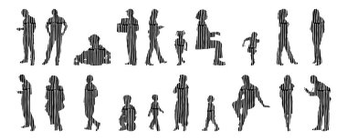 Vektör siluetleri, insanların ana hatları, Contour çizimleri, insanların siluetleri, ikon kümesi izole edilmiş, oturan insanların silueti, mimari set