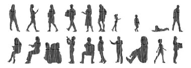 Vektör siluetleri, insanların ana hatları, Contour çizimleri, insanların siluetleri, ikon kümesi izole edilmiş, oturan insanların silueti, mimari set