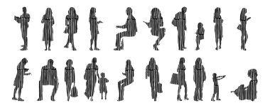 Vektör siluetleri, insanların ana hatları, Contour çizimleri, insanların siluetleri, ikon kümesi izole edilmiş, oturan insanların silueti, mimari set