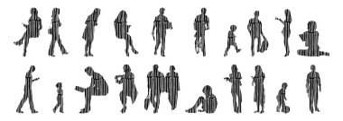 Vektör siluetleri, insanların ana hatları, Contour çizimleri, insanların siluetleri, ikon kümesi izole edilmiş, oturan insanların silueti, mimari set