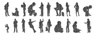 Vektör siluetleri, insanların ana hatları, Contour çizimleri, insanların siluetleri, ikon kümesi izole edilmiş, oturan insanların silueti, mimari set