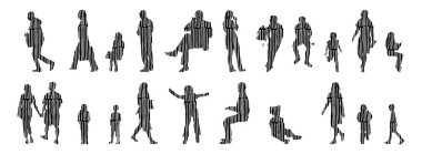 Vektör siluetleri, insanların ana hatları, Contour çizimleri, insanların siluetleri, ikon kümesi izole edilmiş, oturan insanların silueti, mimari set