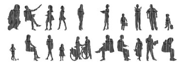 Vektör siluetleri, insanların ana hatları, Contour çizimleri, insanların siluetleri, ikon kümesi izole edilmiş, oturan insanların silueti, mimari set