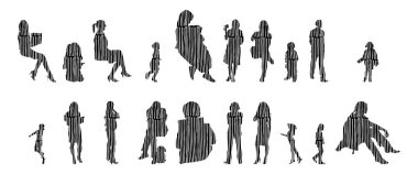 Vektör siluetleri, insanların ana hatları, Contour çizimleri, insanların siluetleri, ikon kümesi izole edilmiş, oturan insanların silueti, mimari set