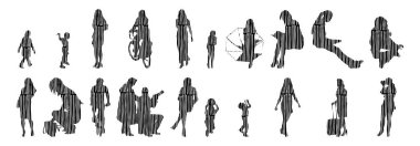 Vektör siluetleri, insanların ana hatları, Contour çizimleri, insanların siluetleri, ikon kümesi izole edilmiş, oturan insanların silueti, mimari set