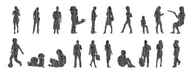 Vektör siluetleri, insanların ana hatları, Contour çizimleri, insanların siluetleri, ikon kümesi izole edilmiş, oturan insanların silueti, mimari set