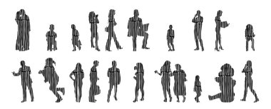 Vektör siluetleri, insanların ana hatları, Contour çizimleri, insanların siluetleri, ikon kümesi izole edilmiş, oturan insanların silueti, mimari set