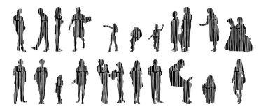 Vektör siluetleri, insanların ana hatları, Contour çizimleri, insanların siluetleri, ikon kümesi izole edilmiş, oturan insanların silueti, mimari set