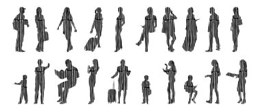 Vektör siluetleri, insanların ana hatları, Contour çizimleri, insanların siluetleri, ikon kümesi izole edilmiş, oturan insanların silueti, mimari set