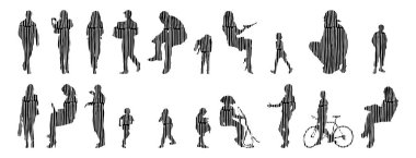 Vektör siluetleri, insanların ana hatları, Contour çizimleri, insanların siluetleri, ikon kümesi izole edilmiş, oturan insanların silueti, mimari set