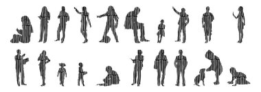 Vektör siluetleri, insanların ana hatları, Contour çizimleri, insanların siluetleri, ikon kümesi izole edilmiş, oturan insanların silueti, mimari set