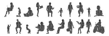 Vektör siluetleri, insanların ana hatları, Contour çizimleri, insanların siluetleri, ikon kümesi izole edilmiş, oturan insanların silueti, mimari set