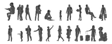 Vektör siluetleri, insanların ana hatları, Contour çizimleri, insanların siluetleri, ikon kümesi izole edilmiş, oturan insanların silueti, mimari set