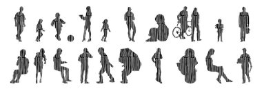 Vektör siluetleri, insanların ana hatları, Contour çizimleri, insanların siluetleri, ikon kümesi izole edilmiş, oturan insanların silueti, mimari set