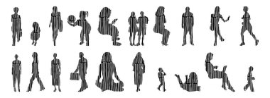 Vektör siluetleri, insanların ana hatları, Contour çizimleri, insanların siluetleri, ikon kümesi izole edilmiş, oturan insanların silueti, mimari set