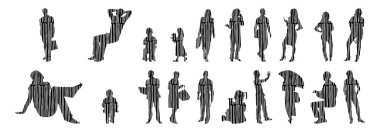 Vektör siluetleri, insanların ana hatları, Contour çizimleri, insanların siluetleri, ikon kümesi izole edilmiş, oturan insanların silueti, mimari set