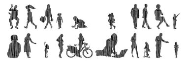 Vektör siluetleri, insanların ana hatları, Contour çizimleri, insanların siluetleri, ikon kümesi izole edilmiş, oturan insanların silueti, mimari set