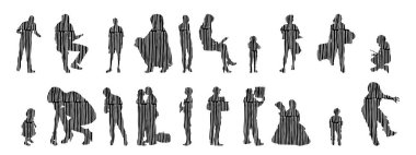 Vektör siluetleri, insanların ana hatları, Contour çizimleri, insanların siluetleri, ikon kümesi izole edilmiş, oturan insanların silueti, mimari set