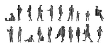 Vektör siluetleri, insanların ana hatları, Contour çizimleri, insanların siluetleri, ikon kümesi izole edilmiş, oturan insanların silueti, mimari set