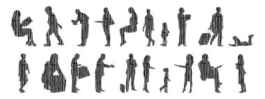 Vektör siluetleri, insanların ana hatları, Contour çizimleri, insanların siluetleri, ikon kümesi izole edilmiş, oturan insanların silueti, mimari set