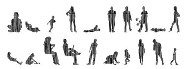 Vektör siluetleri, insanların ana hatları, Contour çizimleri, insanların siluetleri, ikon kümesi izole edilmiş, oturan insanların silueti, mimari set