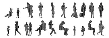 Vektör siluetleri, insanların ana hatları, Contour çizimleri, insanların siluetleri, ikon kümesi izole edilmiş, oturan insanların silueti, mimari set