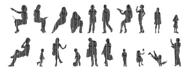 Vektör siluetleri, insanların ana hatları, Contour çizimleri, insanların siluetleri, ikon kümesi izole edilmiş, oturan insanların silueti, mimari set