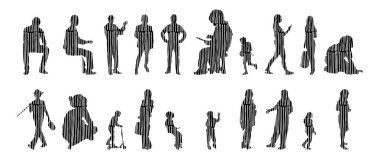 Vektör siluetleri, insanların ana hatları, Contour çizimleri, insanların siluetleri, ikon kümesi izole edilmiş, oturan insanların silueti, mimari set