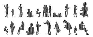 Vektör siluetleri, insanların ana hatları, Contour çizimleri, insanların siluetleri, ikon kümesi izole edilmiş, oturan insanların silueti, mimari set