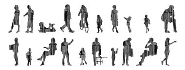 Vektör siluetleri, insanların ana hatları, Contour çizimleri, insanların siluetleri, ikon kümesi izole edilmiş, oturan insanların silueti, mimari set