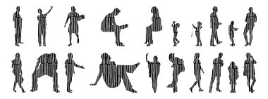 Vektör siluetleri, insanların ana hatları, Contour çizimleri, insanların siluetleri, ikon kümesi izole edilmiş, oturan insanların silueti, mimari set