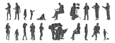 Vektör siluetleri, insanların ana hatları, Contour çizimleri, insanların siluetleri, ikon kümesi izole edilmiş, oturan insanların silueti, mimari set