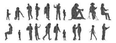 Vektör siluetleri, insanların ana hatları, Contour çizimleri, insanların siluetleri, ikon kümesi izole edilmiş, oturan insanların silueti, mimari set