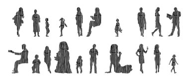 Vektör siluetleri, insanların ana hatları, Contour çizimleri, insanların siluetleri, ikon kümesi izole edilmiş, oturan insanların silueti, mimari set