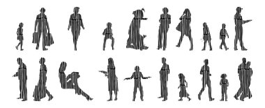 Vektör siluetleri, insanların ana hatları, Contour çizimleri, insanların siluetleri, ikon kümesi izole edilmiş, oturan insanların silueti, mimari set