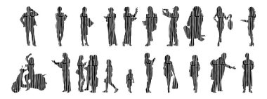 Vektör siluetleri, insanların ana hatları, Contour çizimleri, insanların siluetleri, ikon kümesi izole edilmiş, oturan insanların silueti, mimari set