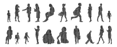 Vektör siluetleri, insanların ana hatları, Contour çizimleri, insanların siluetleri, ikon kümesi izole edilmiş, oturan insanların silueti, mimari set