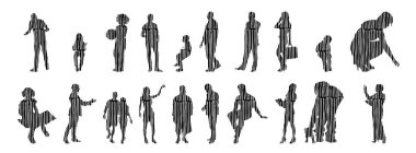 Vektör siluetleri, insanların ana hatları, Contour çizimleri, insanların siluetleri, ikon kümesi izole edilmiş, oturan insanların silueti, mimari set