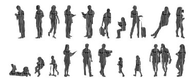 Vektör siluetleri, insanların ana hatları, Contour çizimleri, insanların siluetleri, ikon kümesi izole edilmiş, oturan insanların silueti, mimari set