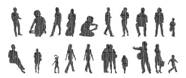 Vektör siluetleri, insanların ana hatları, Contour çizimleri, insanların siluetleri, ikon kümesi izole edilmiş, oturan insanların silueti, mimari set