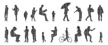 Vektör siluetleri, insanların ana hatları, Contour çizimleri, insanların siluetleri, ikon kümesi izole edilmiş, oturan insanların silueti, mimari set