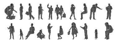 Vektör siluetleri, insanların ana hatları, Contour çizimleri, insanların siluetleri, ikon kümesi izole edilmiş, oturan insanların silueti, mimari set