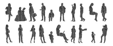 Vektör siluetleri, insanların ana hatları, Contour çizimleri, insanların siluetleri, ikon kümesi izole edilmiş, oturan insanların silueti, mimari set