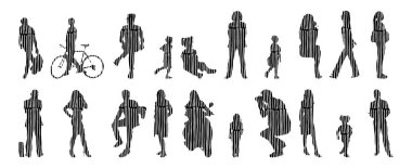 Vektör siluetleri, insanların ana hatları, Contour çizimleri, insanların siluetleri, ikon kümesi izole edilmiş, oturan insanların silueti, mimari set